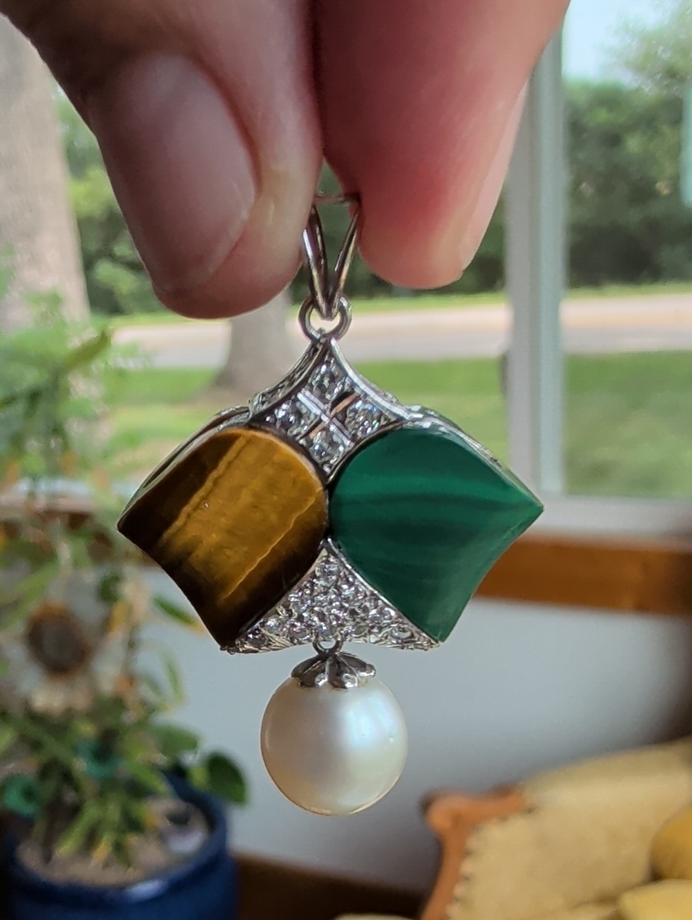18K Gold Tiger Eye, Malachite & South Sea Pearl Pendant